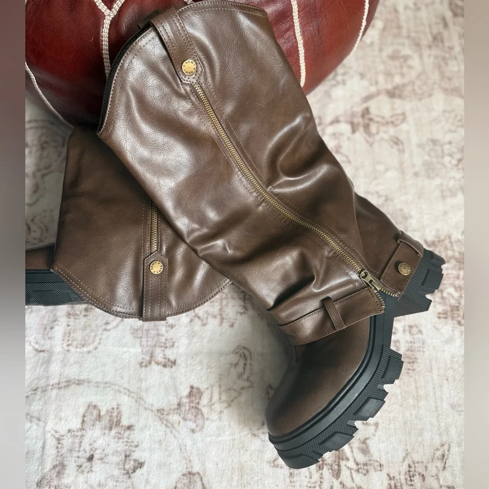 Brown Knee-High Boots with Black Soles bulky fun brown boots - Picture 3 of 13